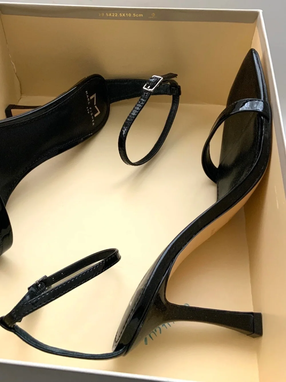 MARC FISHER Jalina Black Patent Leather Square Toe Ankle Strap High Heel Sandals
